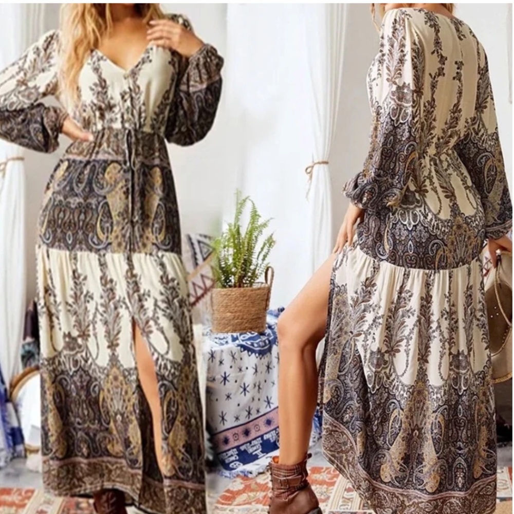 Boho Cream and Brown Paisley Maxi Dress